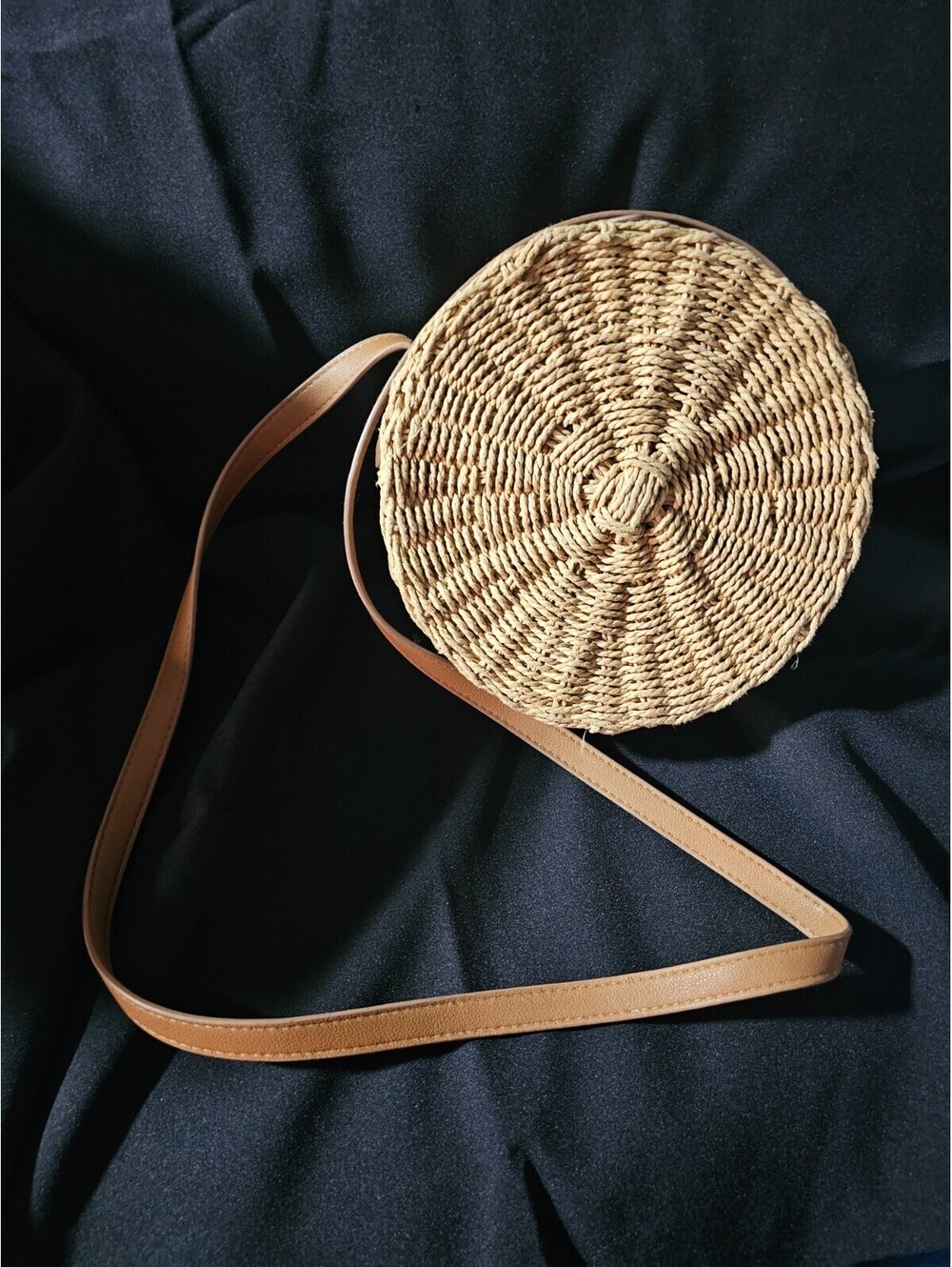 Topshop Round Woven Straw Crossbody Bag Purse Tan Boho Summer Festival Hippie